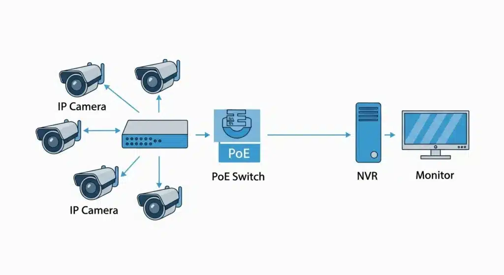 طرح شبکه دوربین مداربسته با سوئیچ PoE و NVR