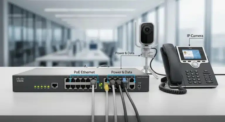 سوئیچ سیسکو PoE در حال تغذیه دوربین مداربسته و تلفن VoIP