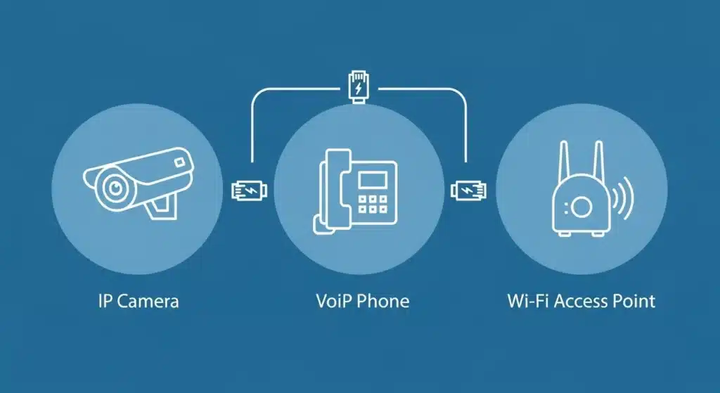 انواع دستگاه‌هایی که از سوئیچ PoE پشتیبانی می‌کنند: دوربین، تلفن، وای‌فای