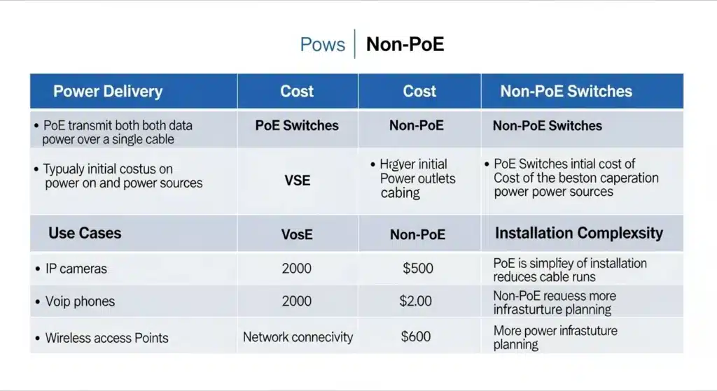 جدول مقایسه فنی سوئیچ PoE و غیر PoE شامل قیمت، کاربرد و هزینه نصب